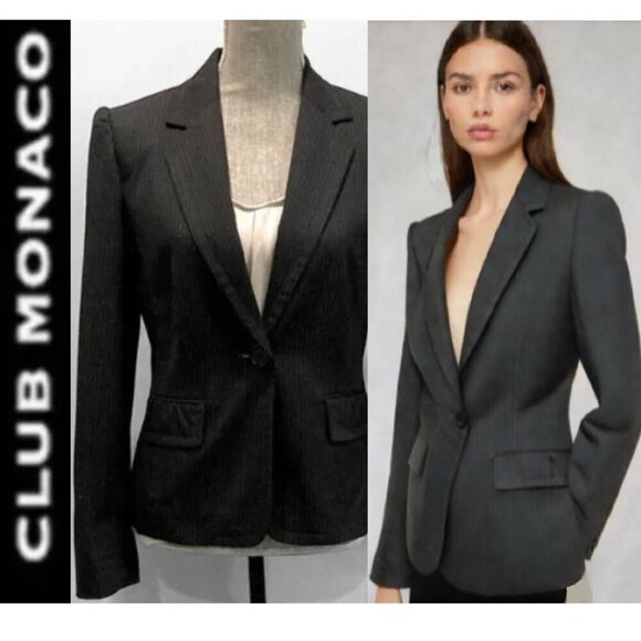Club Monaco Wool Black Pinstripe Puff Sleeve Tailored Blazer Size 8 Medium - Picture 1 of 12